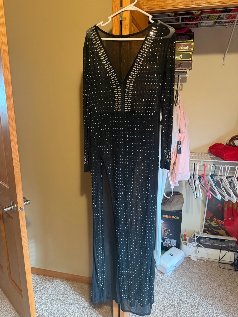 Black Long-Sleeve V-Neck Studded Evening Dress Cover